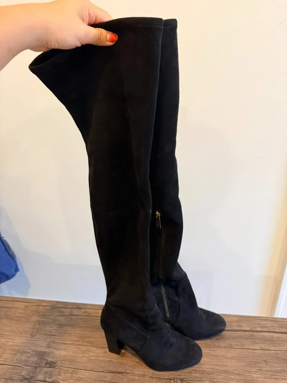 Black Suede Knee-High Heeled Boots